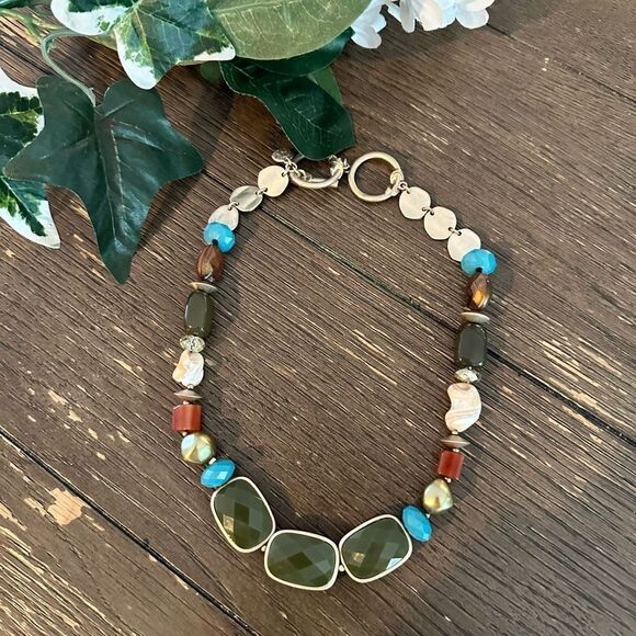 JONES NEW YORK‎ Beaded Statement Multicolored Faux Gems /Flat Metal Necklace - Picture 1 of 5